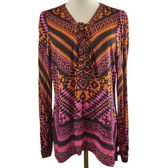 Hale Bob X-Small Multi Color Print All Viscose Blouse Long Sleeves Tie Placard - Picture 3 of 16